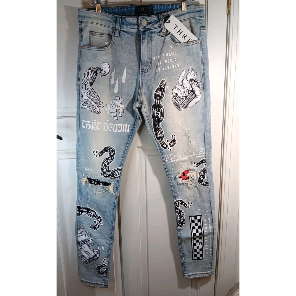THRT Denim Crypto Graphic Mens Skinny Jeans 34x30 Blue Light Wash Graffiti NWT
